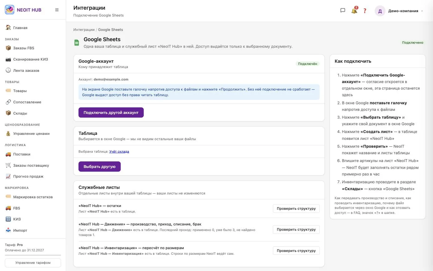 Страница подключения Google Sheets: карточки «Google-аккаунт» (Подключён, кнопка «Подключить другой аккаунт»), «Таблица» (выбрана таблица, кнопка «Выбрать другую»), «Служебные листы» с тремя строками и кнопками «Проверить структуру», справа инструкция «Ка
