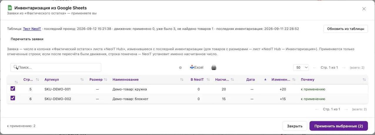 Окно «Инвентаризация из Google Sheets» в разделе «Склады»: строка состояния с таблицей и последним проходом, кнопки «Обновить из таблицы» и «Перечитать заявки», таблица заявок с колонками Строка, Артикул, Размер, Наименование, В NeoIT, Насчитано, Дата, Из